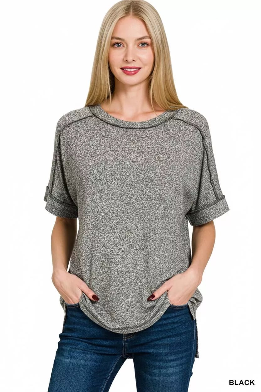 Zenana Full Size Soft Melange Hacci Short Sleeve Hi - low Tee Plus Size - PBNJ FASHIONS