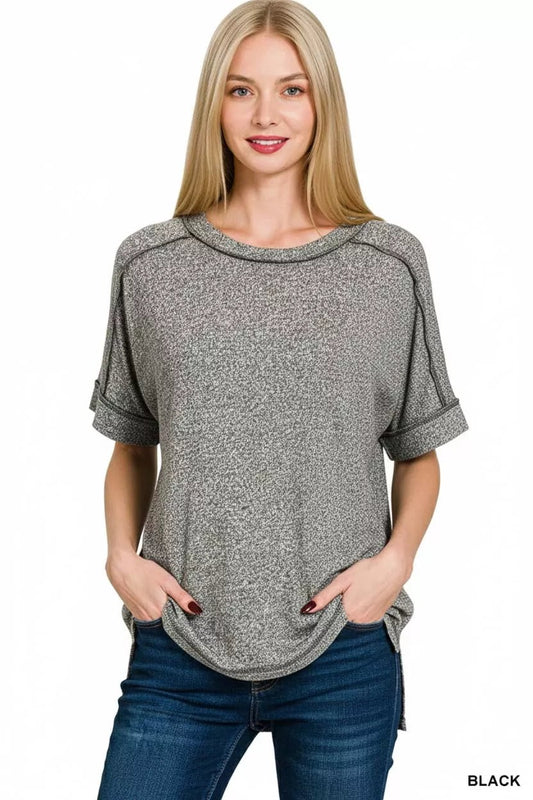 Zenana Full Size Soft Melange Hacci Short Sleeve Hi - low Tee Plus Size - PBNJ FASHIONS