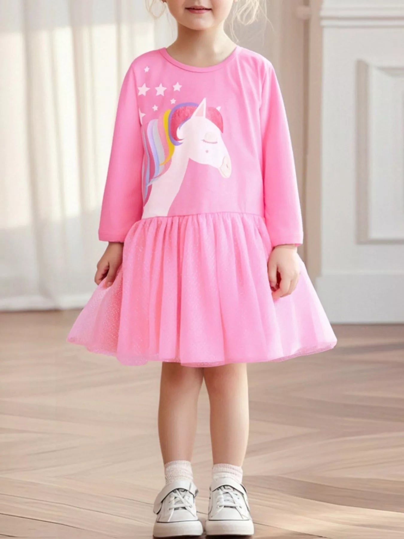 Children's Unicorn Print Long Sleeve Tulle Dress - PBNJ FASHIONS