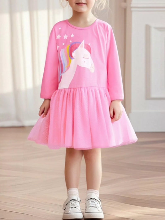 Children's Unicorn Print Long Sleeve Tulle Dress - PBNJ FASHIONS