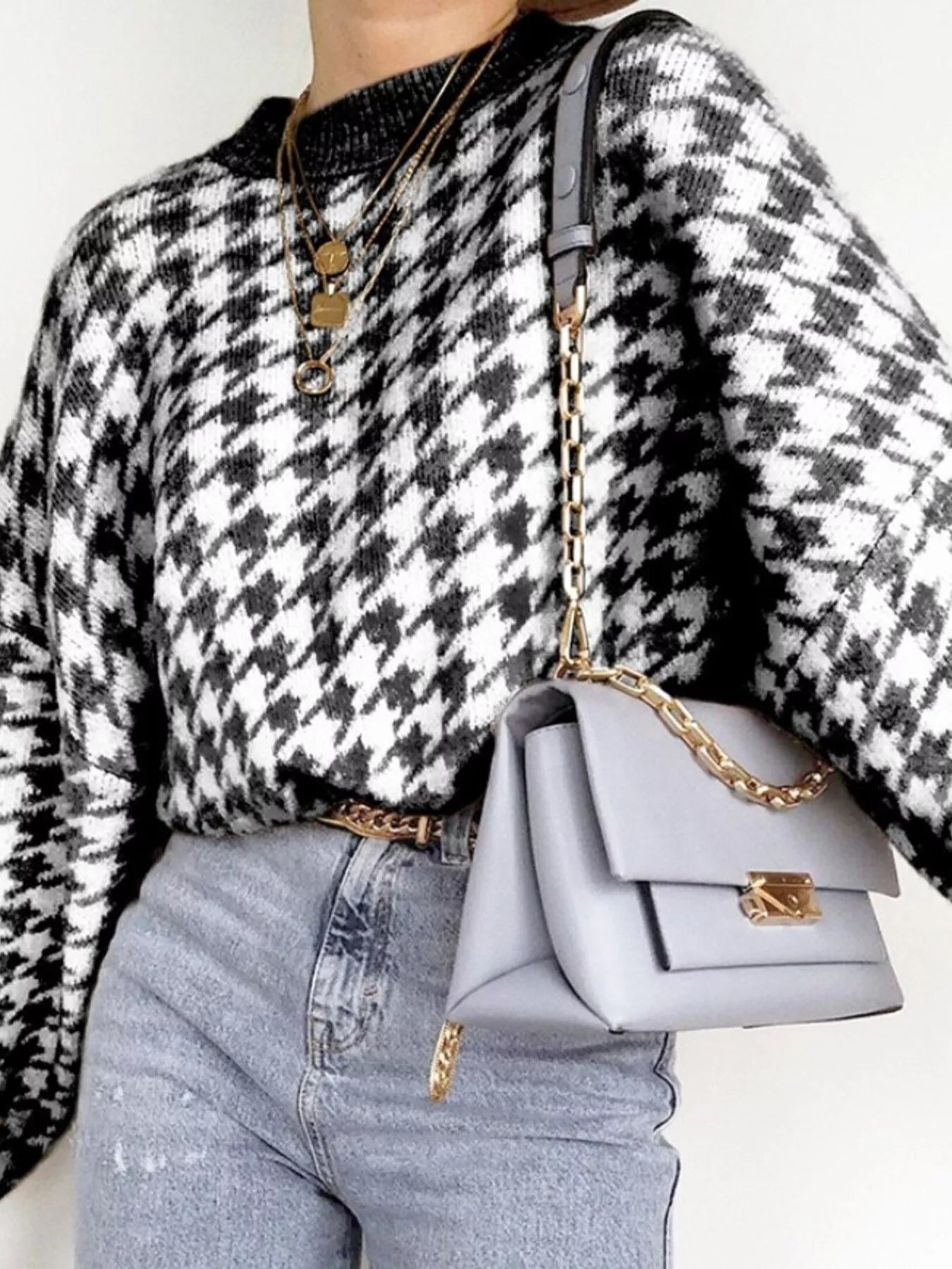 Full Size Houndstooth Pattern Oversized Sweater Plus Size - PBNJ FASHIONS