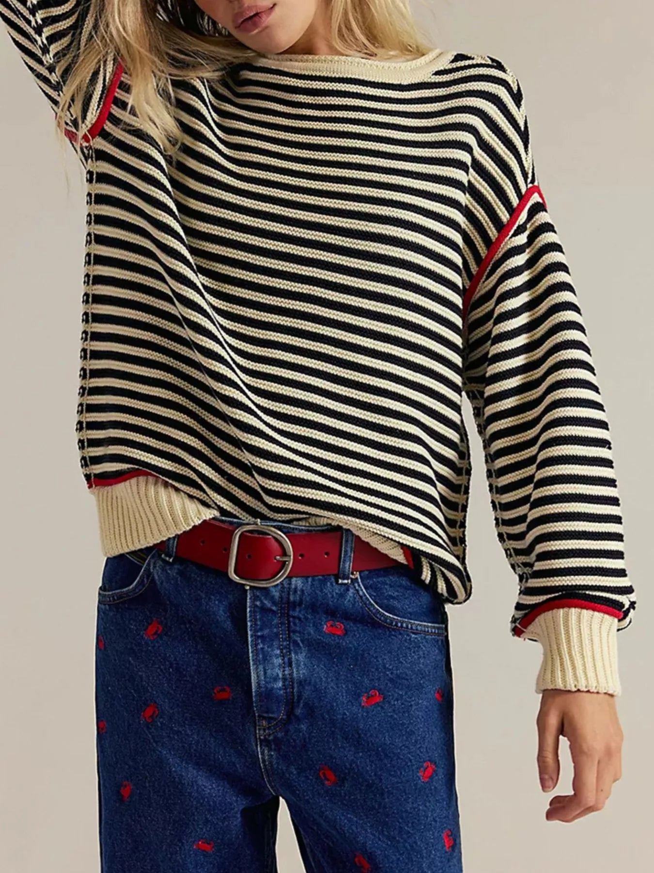Striped Knit Round Neck Sweater - PBNJ FASHIONS