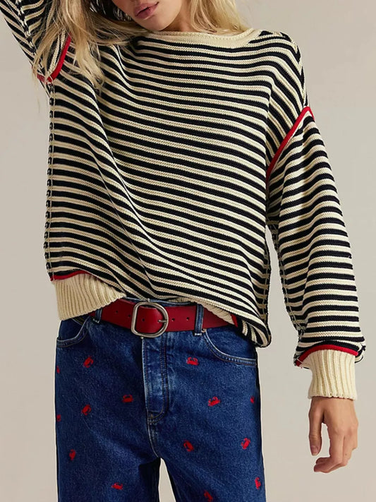 Striped Knit Round Neck Sweater - PBNJ FASHIONS