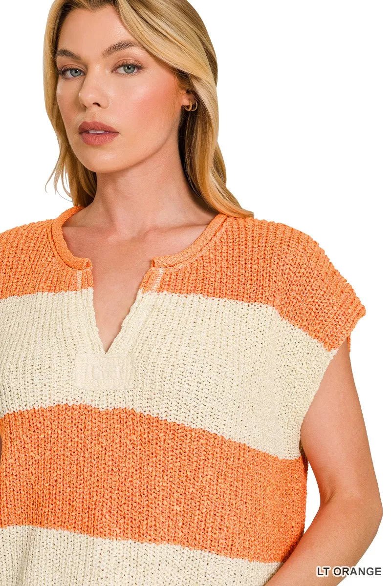 Sleeveless Striped Sweater with Split Neck Detail - Versatile & Stylish for any Occasion - LT ORANGES