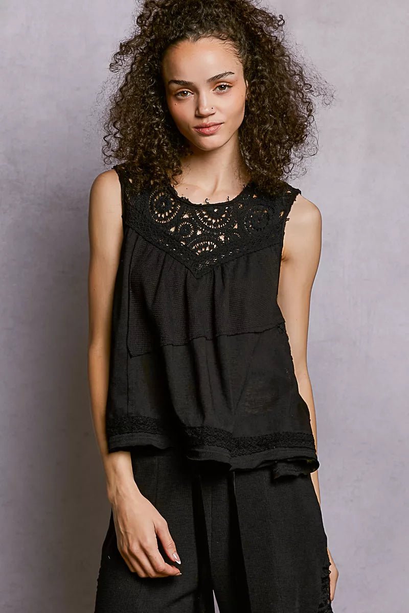 POL Round Neck Sleeveless Top with Crochet Contrast - PBNJ FASHIONS