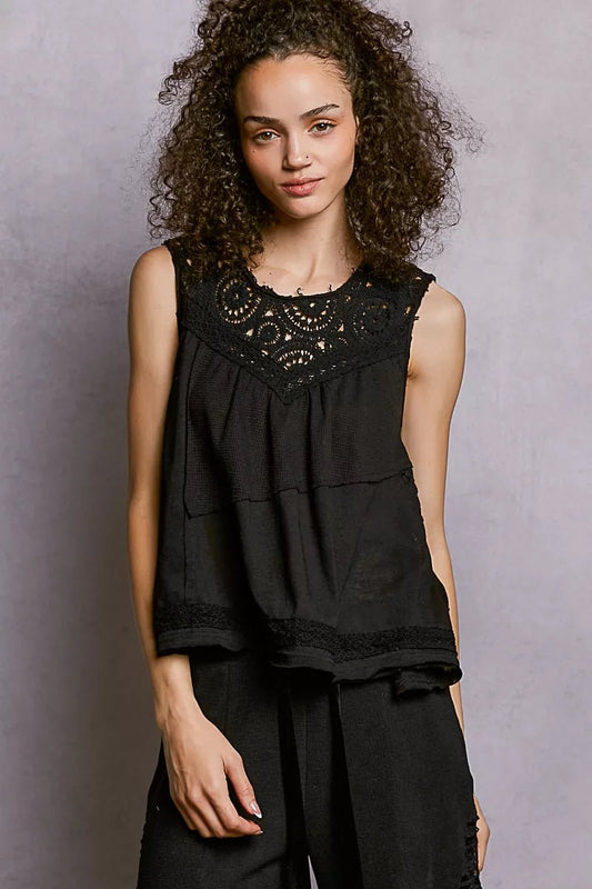 POL Round Neck Sleeveless Top with Crochet Contrast - PBNJ FASHIONS