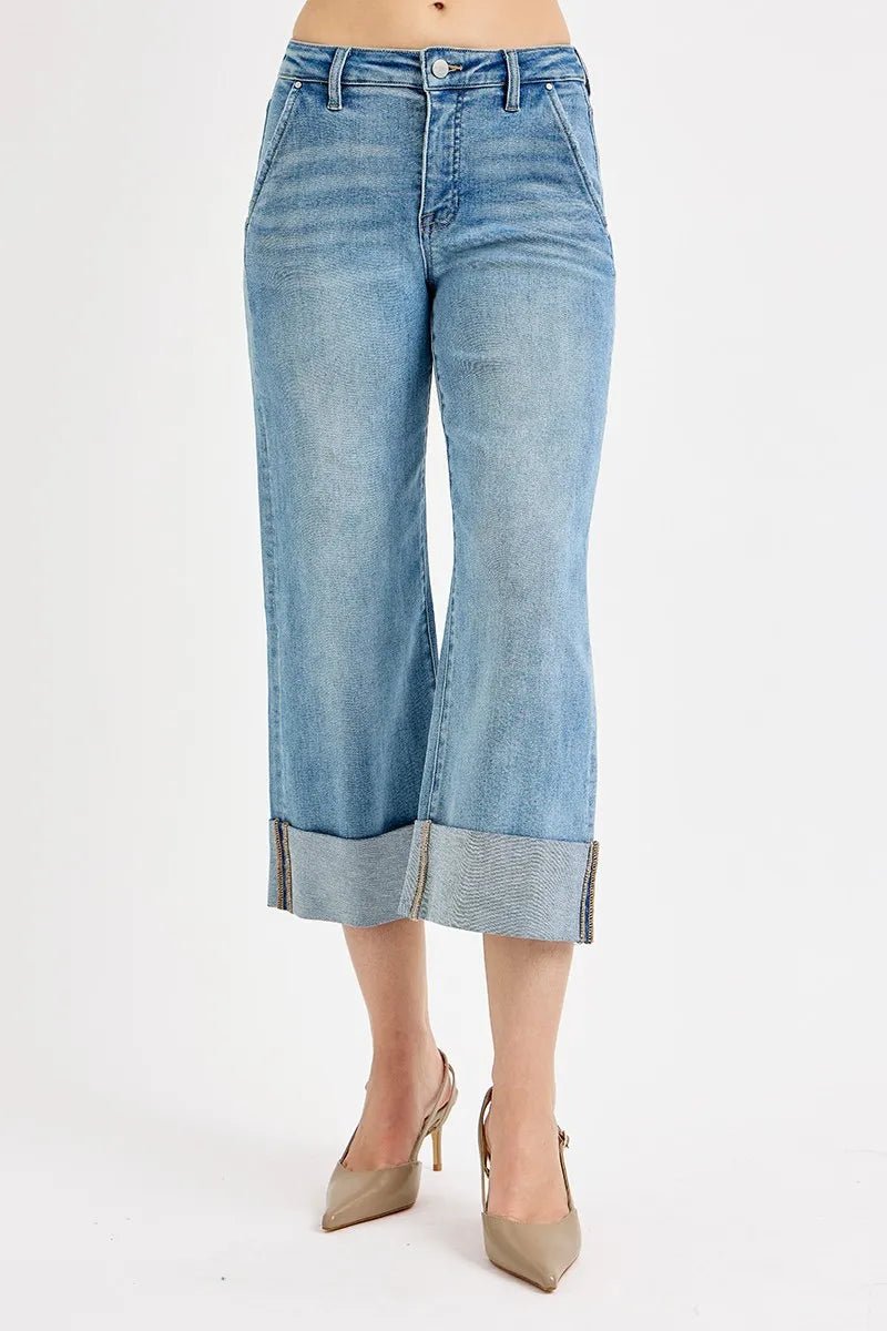 RISEN Full Size Tummy Control High Rise Ankle Wide Cuffed Jeans Plus Size - PBNJ FASHIONS