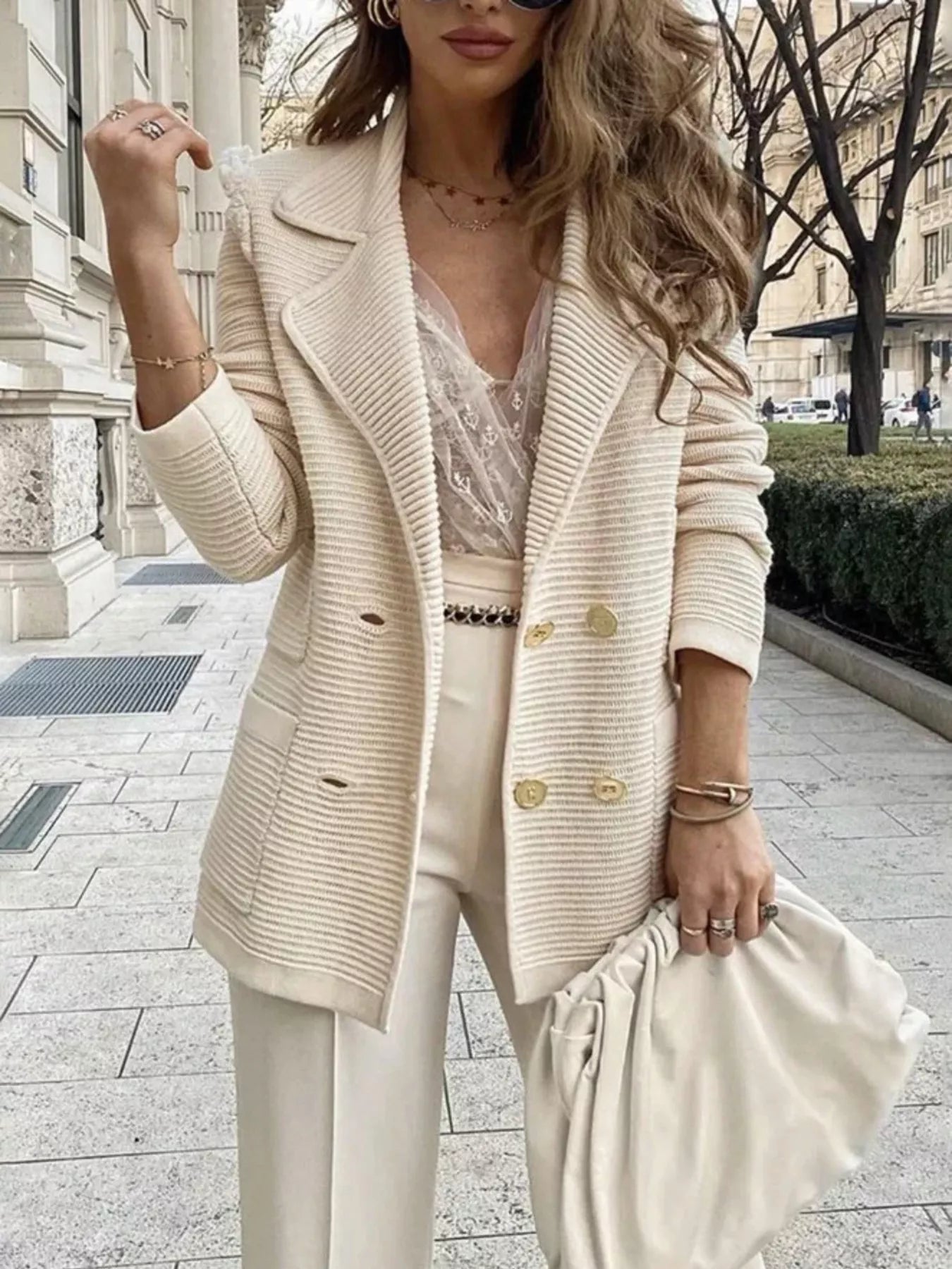 Texture Knit Double - Breasted Blazer - PBNJ FASHIONS