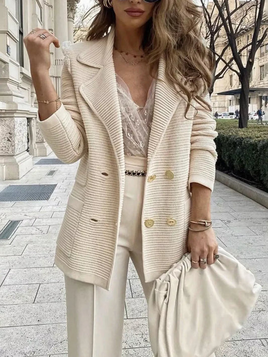 Texture Knit Double - Breasted Blazer - PBNJ FASHIONS
