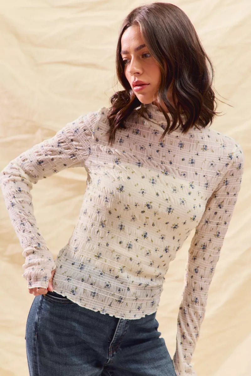 SO ME Floral Print Textured Long Sleeve Knit Top - PBNJ FASHIONS