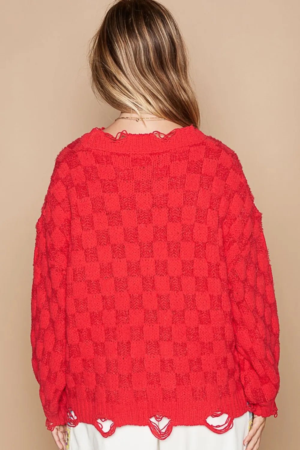 POL Checkered Distressed Edge Sweater - PBNJ FASHIONS