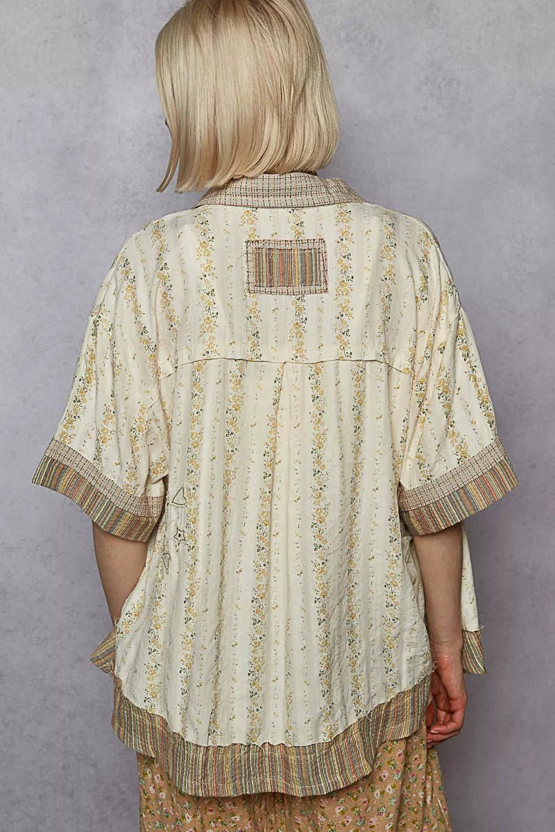 POL Printed Button Down Patchwork Short Sleeve Shirt - PBNJ FASHIONS