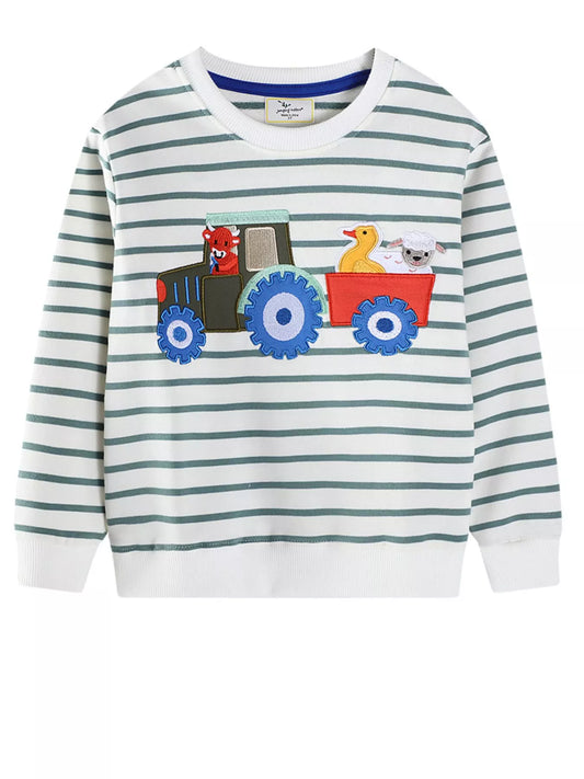 Children's Striped Tractor Crew Neck Sweatshirt - PBNJ FASHIONS