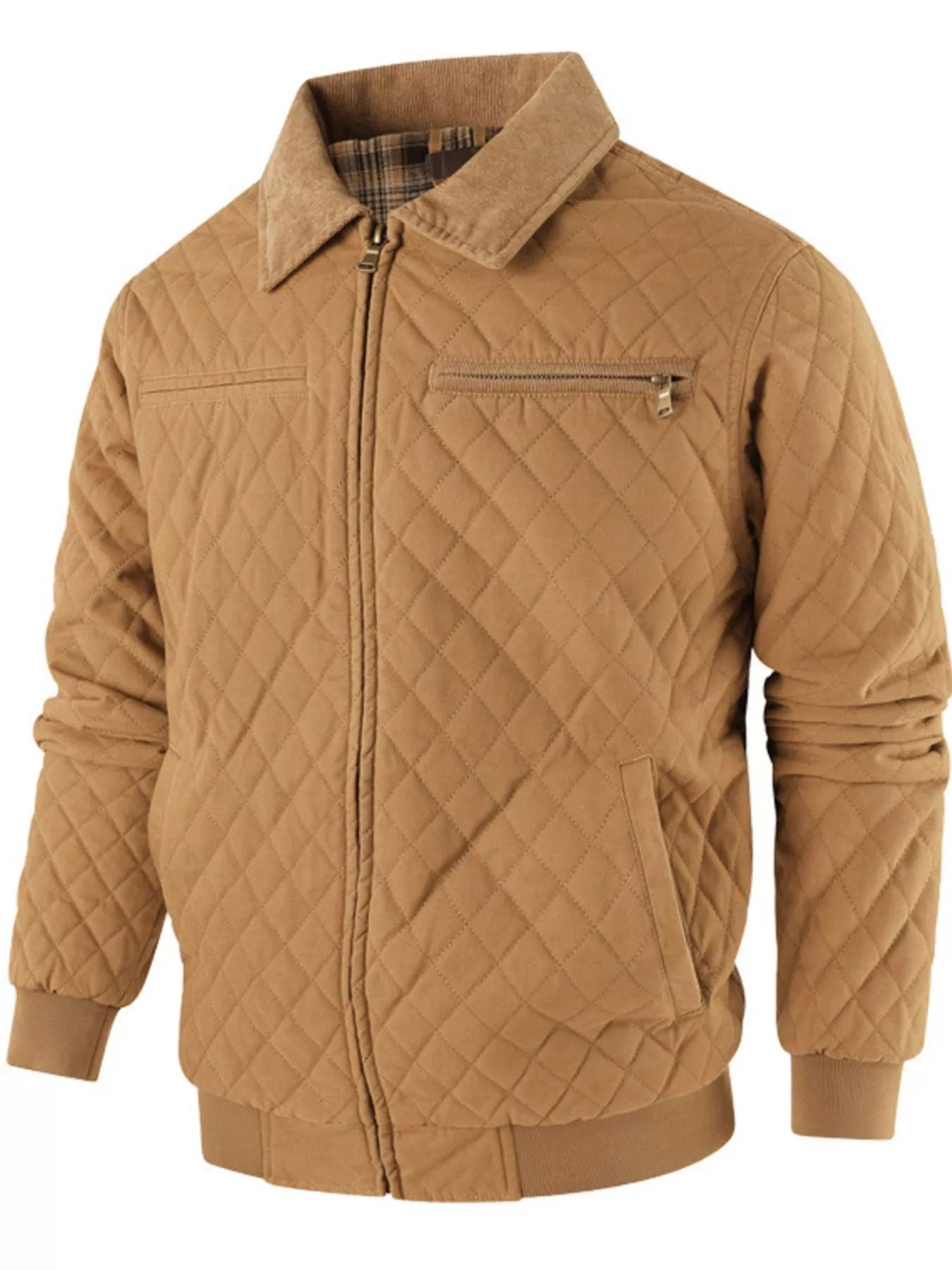 Men's Quilted Collared Neck Jacket with Plaid Lining - PBNJ FASHIONS