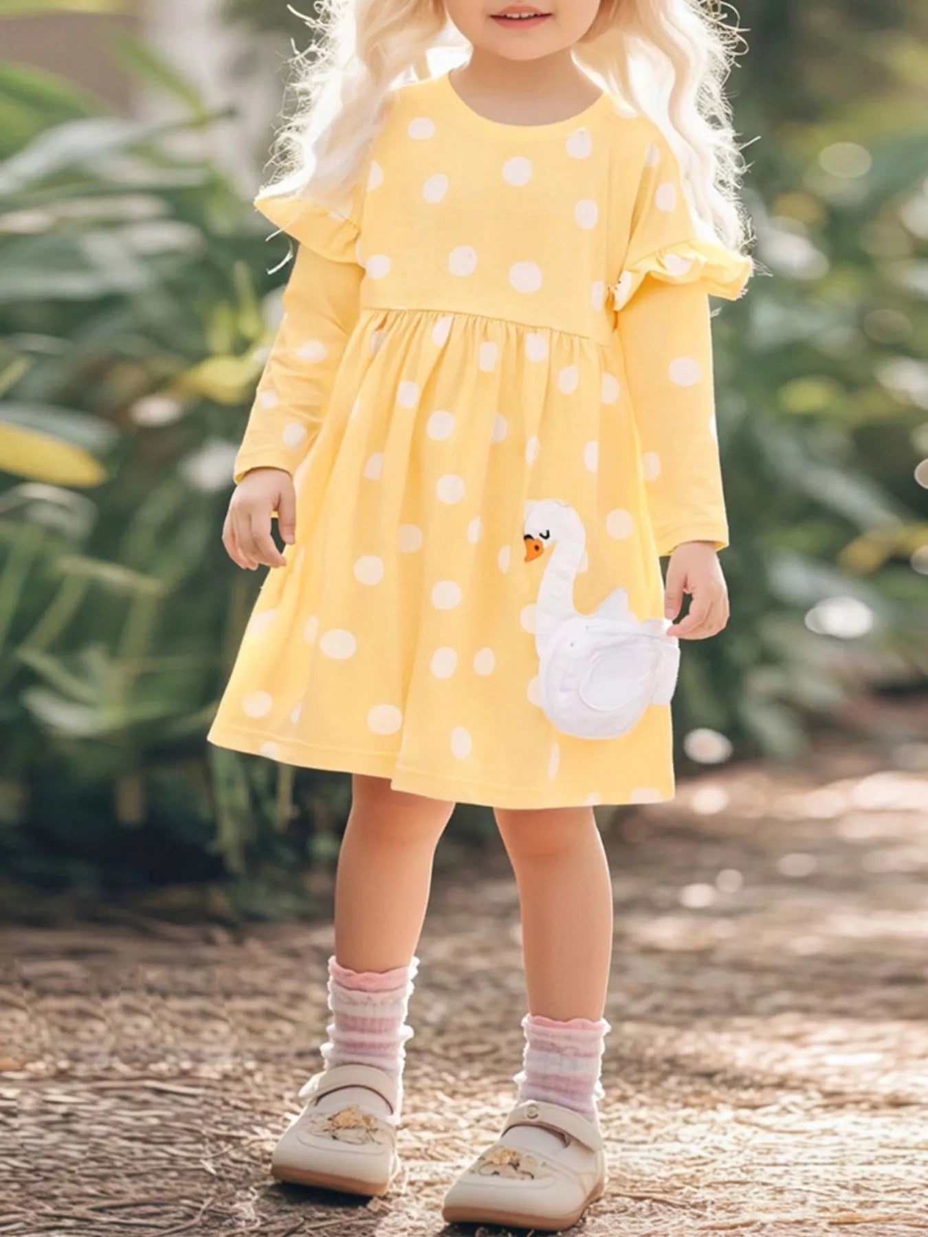 Children's Swan Applique Polka Dot Ruffle Sleeve Dress - PBNJ FASHIONS