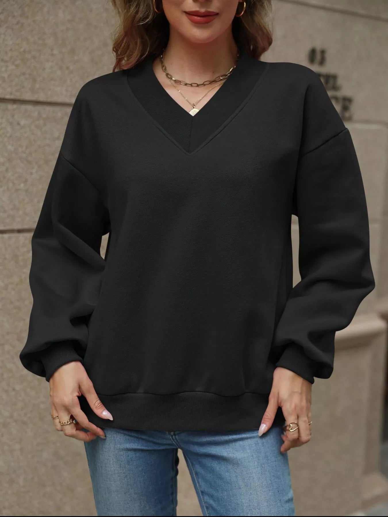 V - Neck Solid Color Casual Sweatshirt - PBNJ FASHIONS
