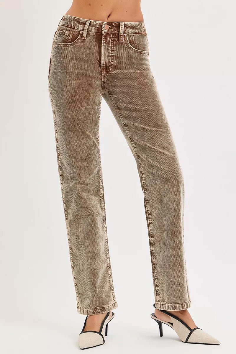 RISEN Tummy Control Mid Rise Straight Leg Corduroy Pants - PBNJ FASHIONS