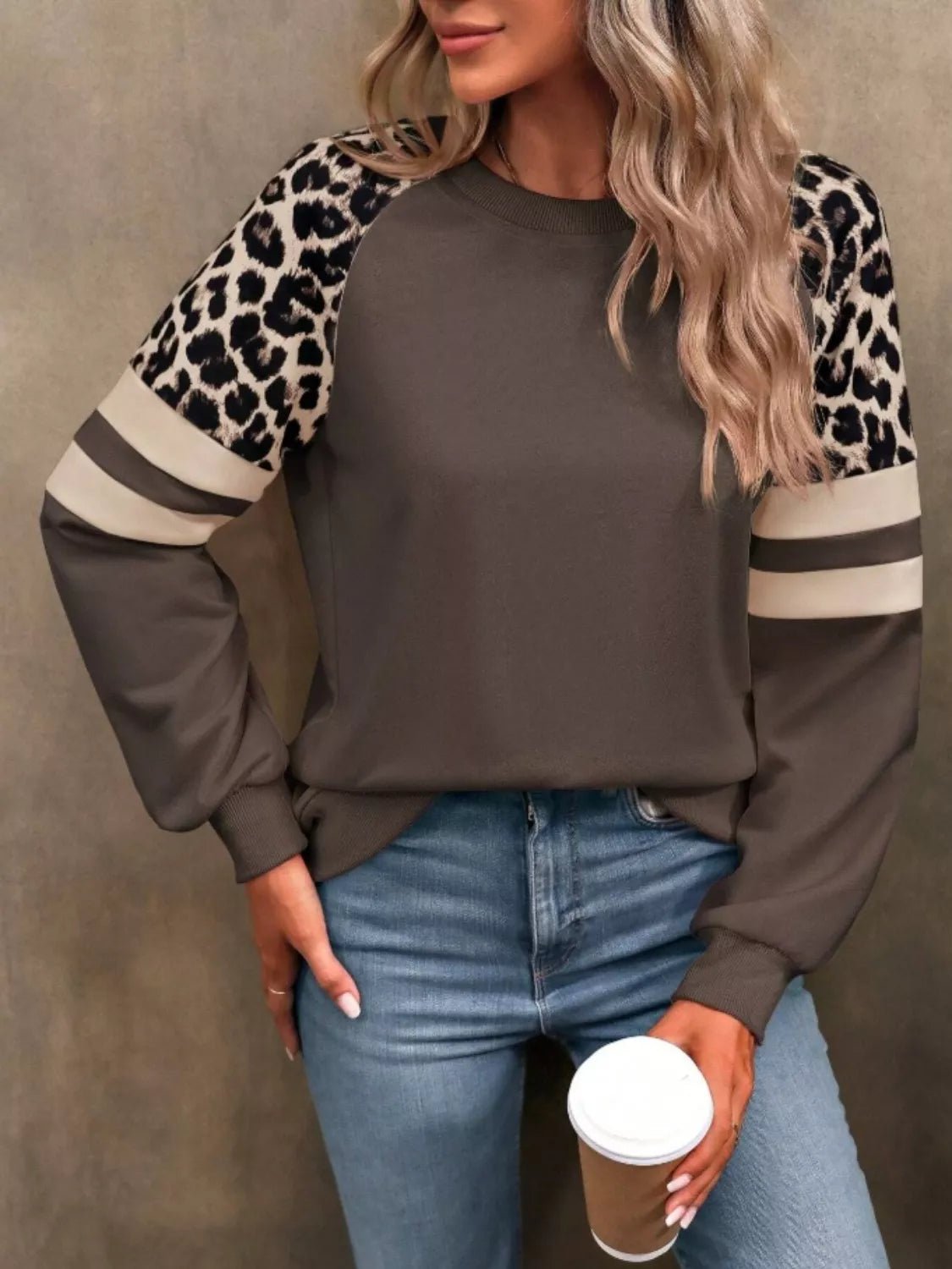 Leopard Raglan Sleeve Striped Sweatshirt - PBNJ FASHIONS