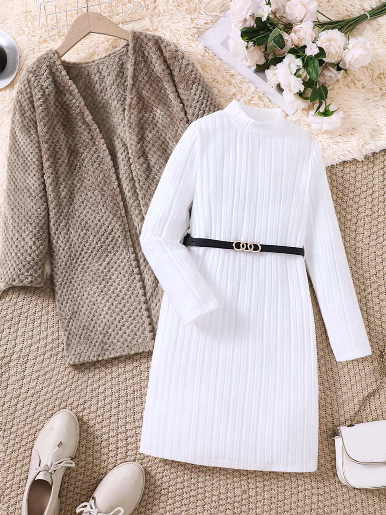 Children's Textured Sweater Dress and Open Front Cardigan Set - PBNJ FASHIONS