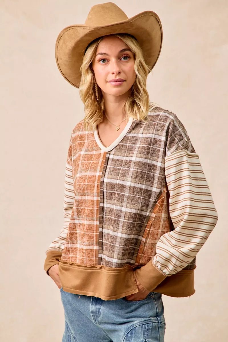 BiBi Plaid And Stripe Mix And Match Top With Open Seam - PBNJ FASHIONS