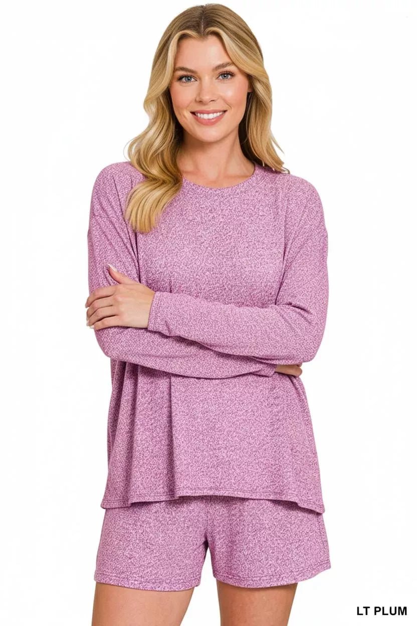 Zenana Soft Melange Long Sleeve Tee and Shorts Set - PBNJ FASHIONS