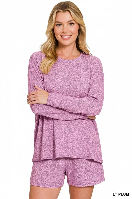 Zenana Soft Melange Long Sleeve Tee and Shorts Set - PBNJ FASHIONS