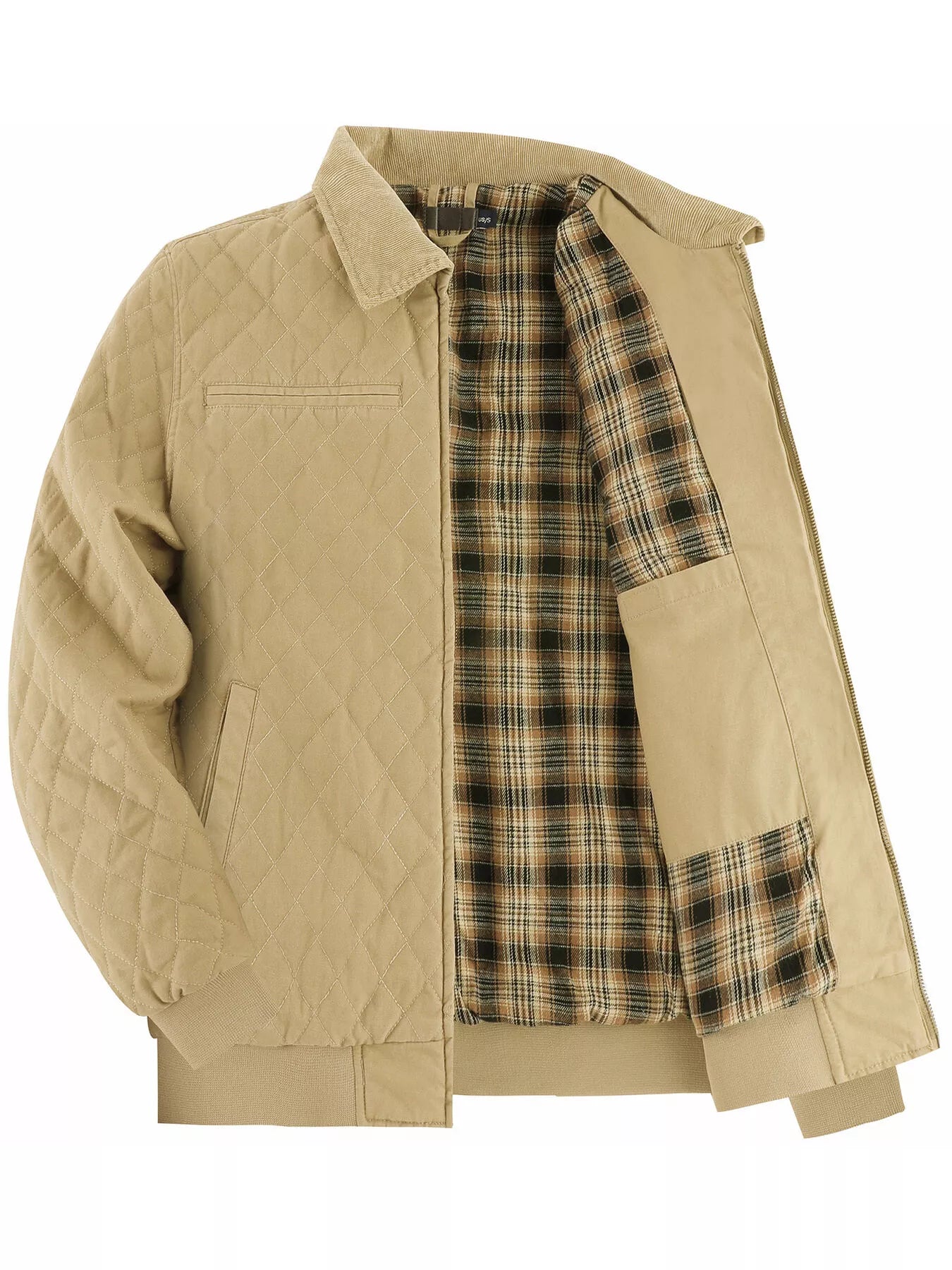 Men's Quilted Collared Neck Jacket with Plaid Lining - PBNJ FASHIONS