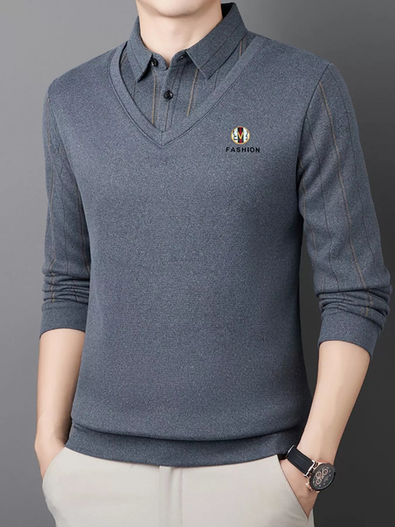 Men's Plus Size Layered Style Long Sleeve Polo - PBNJ FASHIONS