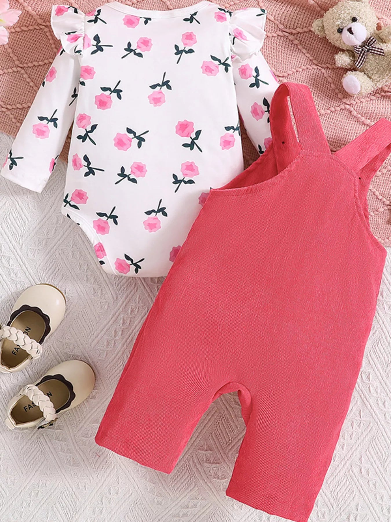 Children's Floral Print Ruffle Trim Bodysuit & Bear Applique Overalls Set - PBNJ FASHIONS
