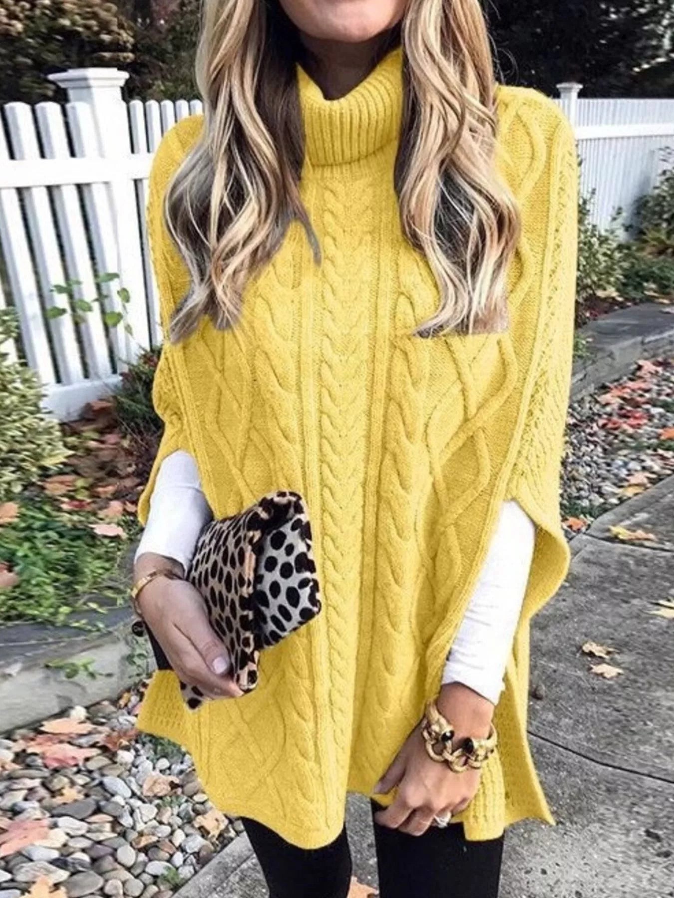 Chunky Cable Knit Turtleneck Poncho Cover Up - PBNJ FASHIONS