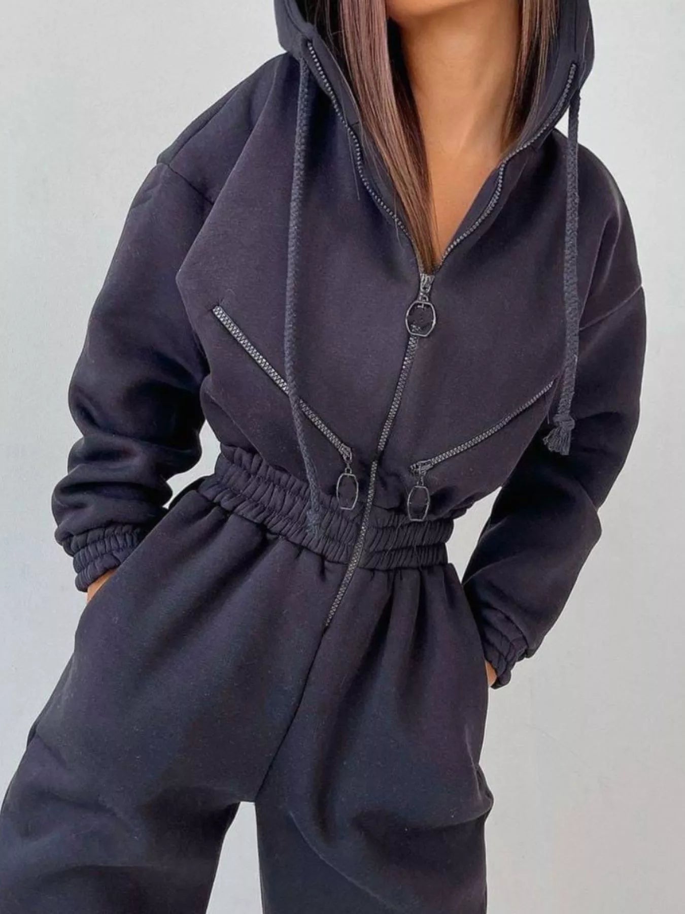 Hooded Zip - Up Long Sleeve Jumpsuit - PBNJ FASHIONS