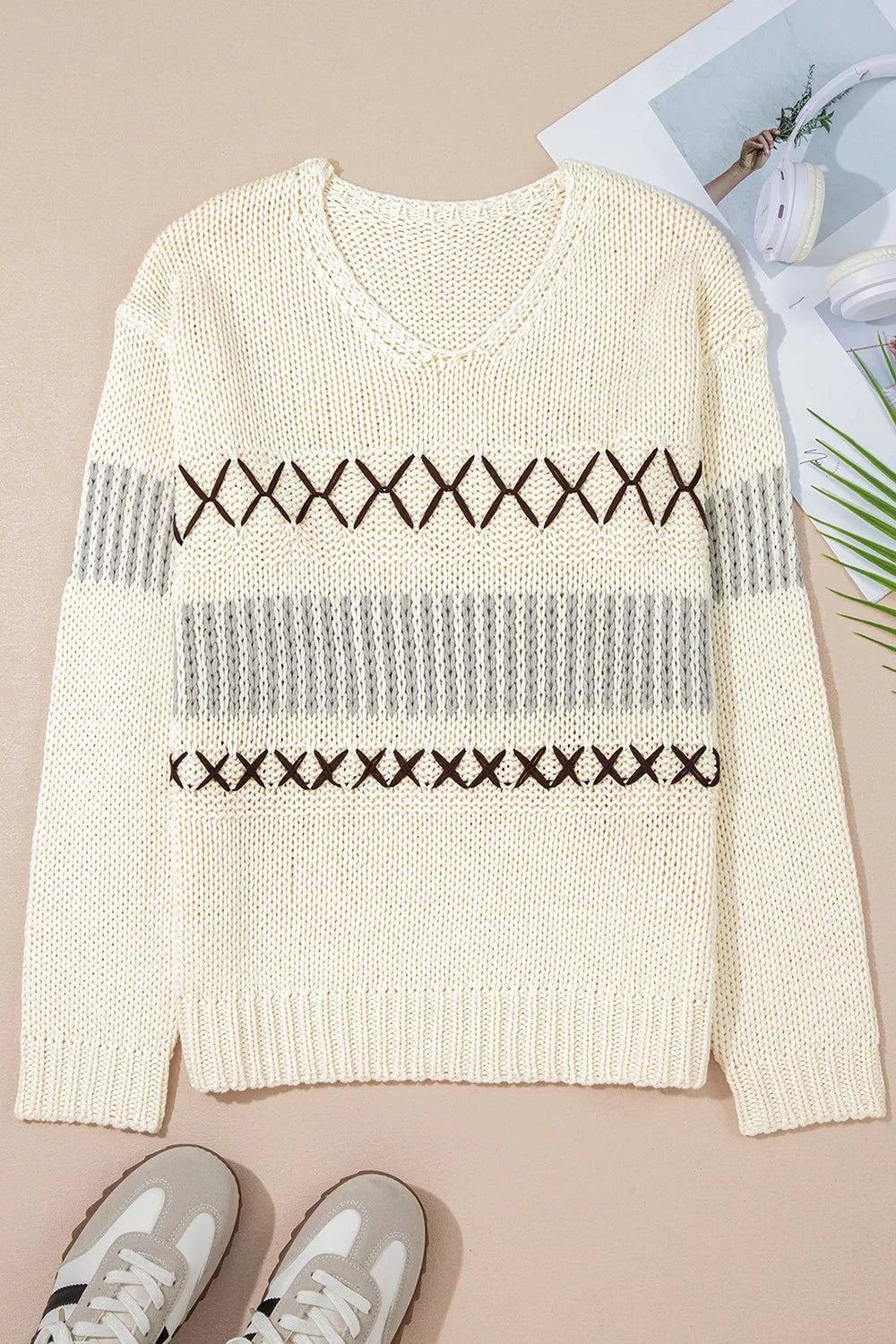 V - Neck Knit Long Sleeve Sweater - PBNJ FASHIONS