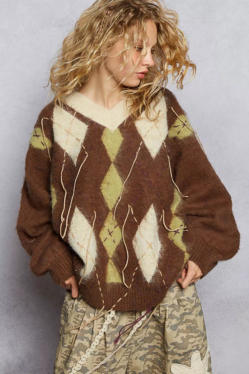 POL V - Neck Argyle Pattern Mohair Sweater with Contrast Exposed Stitch Detail - PBNJ FASHIONS
