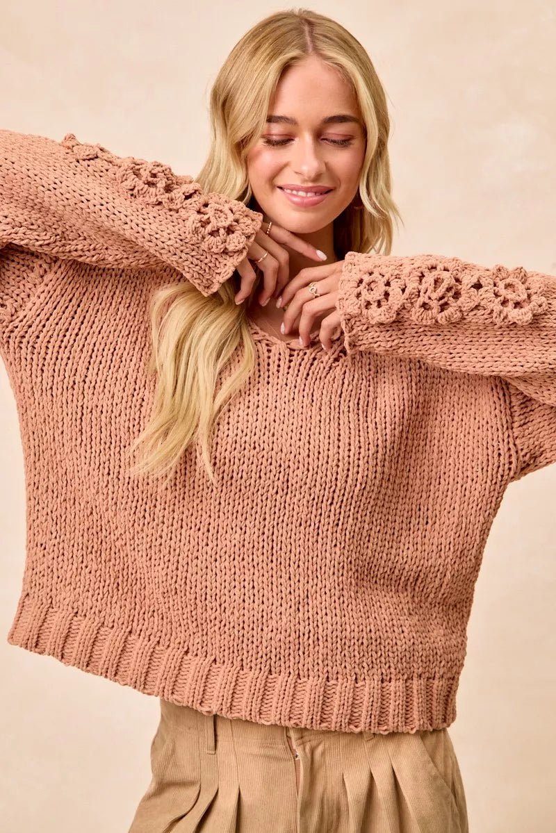 BiBi Chunky Knit Sweater with Flower Detail Sleeves - PBNJ FASHIONS