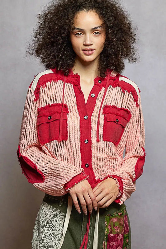 POL Texture Woven Button Down Hooded Shirt with Drawstring Hem - PBNJ FASHIONS