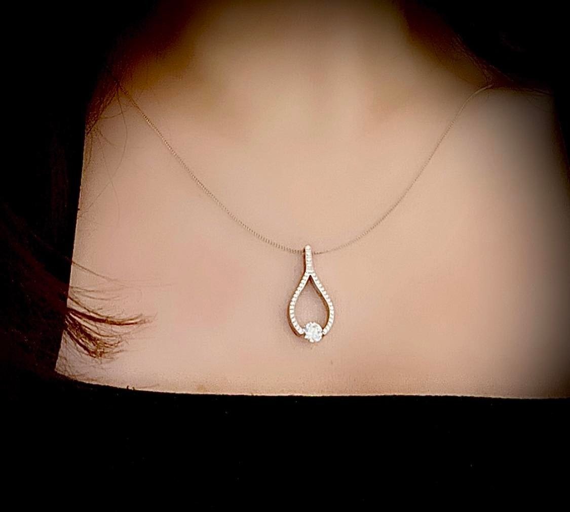 PT306G B.Tiff Gold 1 ct Solitaire Pave Larme Pendant Necklace - PBNJ FASHIONS