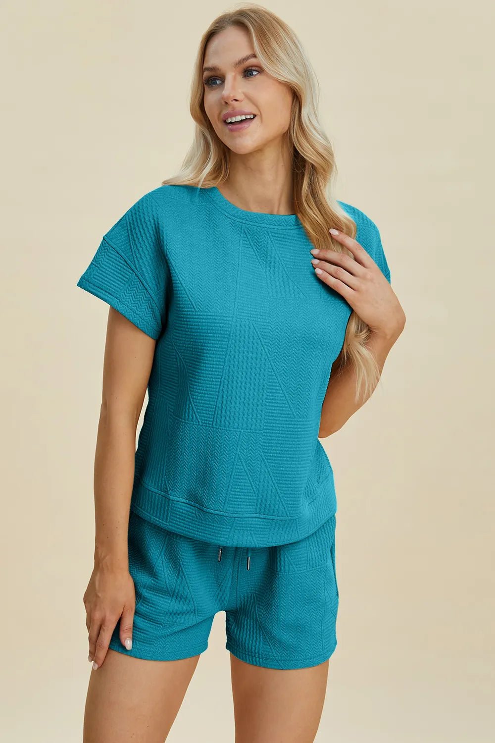 Double Take Full Size Texture Short Sleeve Top and Shorts Set - PBNJ FASHIONS