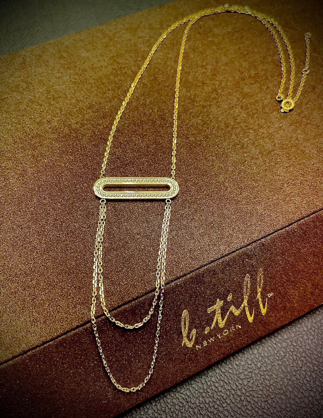 PT630G B.Tiff Gold Pavé Double Chain Oblong Pendant Necklace - PBNJ FASHIONS