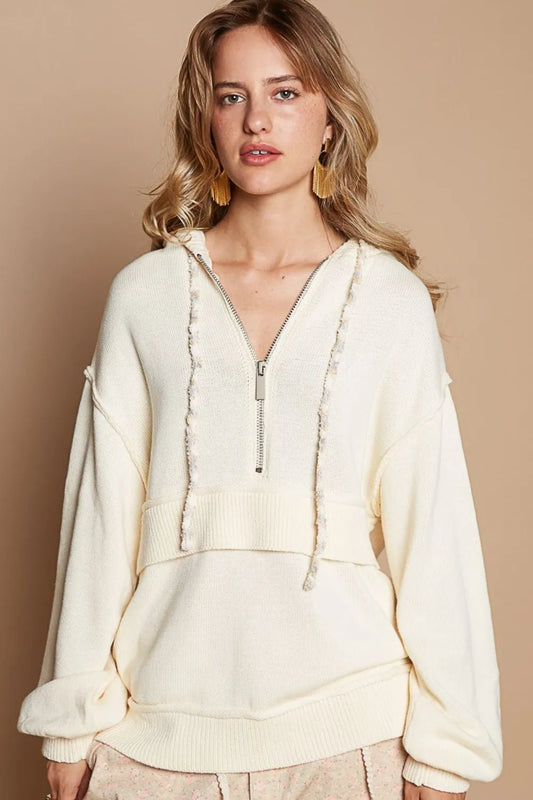 POL Half Zip Drop Shoulder Hooded Sweater - PBNJ FASHIONS