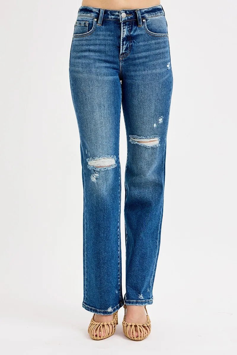 RISEN Full Size Tummy Control High Rise Straight Distressed Jeans Plus Size - PBNJ FASHIONS