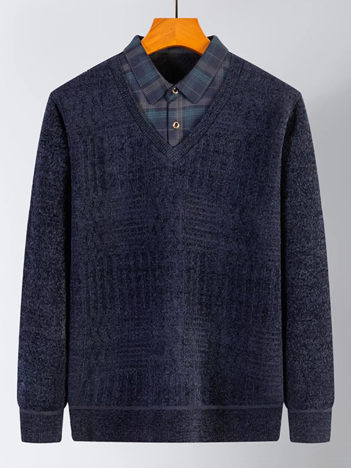 Men's Plus Size Layered Look Plaid Collar Sweater - PBNJ FASHIONS