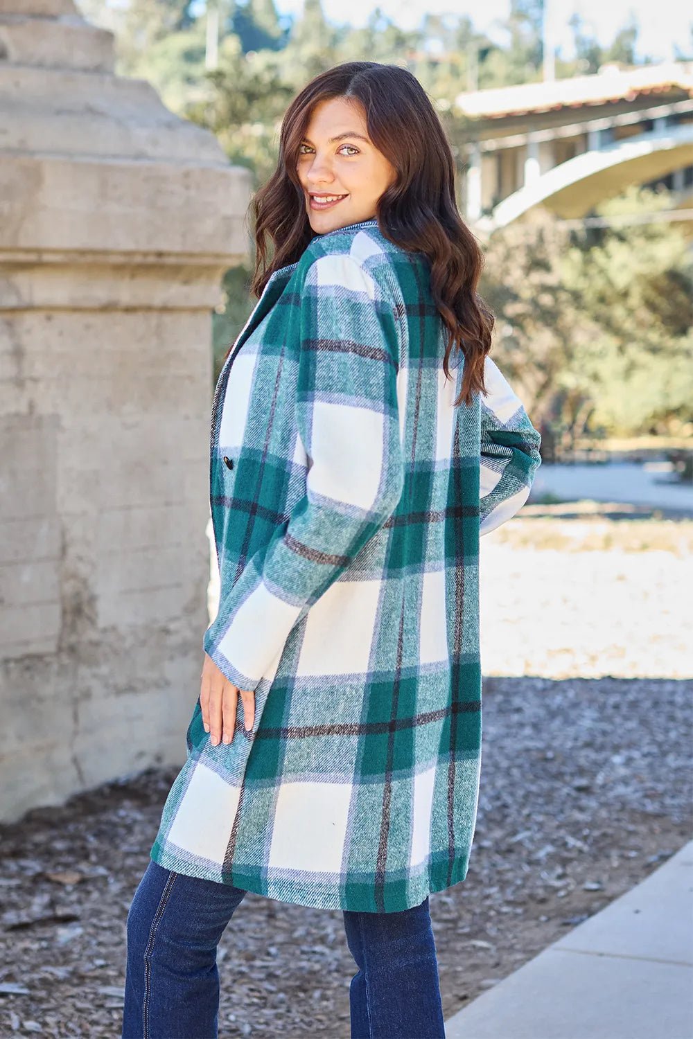 Double Take Full Size Plaid Button Up Lapel Collar Coat - PBNJ FASHIONS