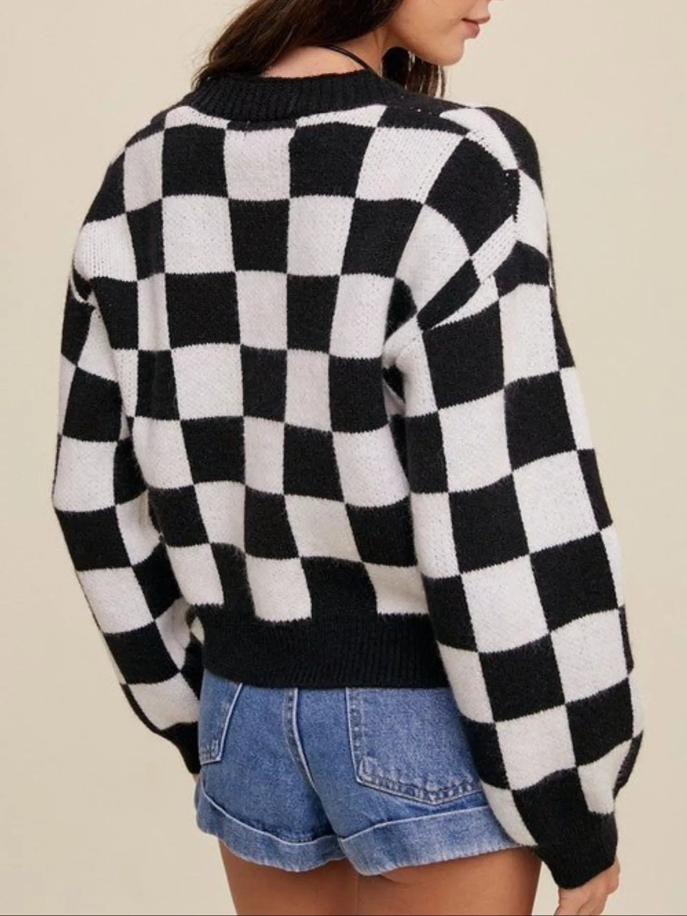 Checkerboard Pattern Button - Down Cardigan - PBNJ FASHIONS