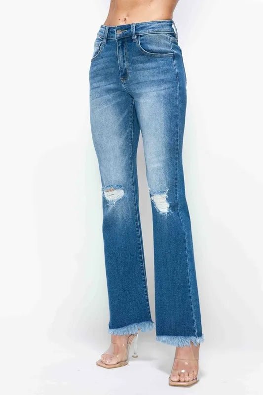 bytos Full Size Raw Hem Distressed High Rise Bootcut Jeans - PBNJ FASHIONS