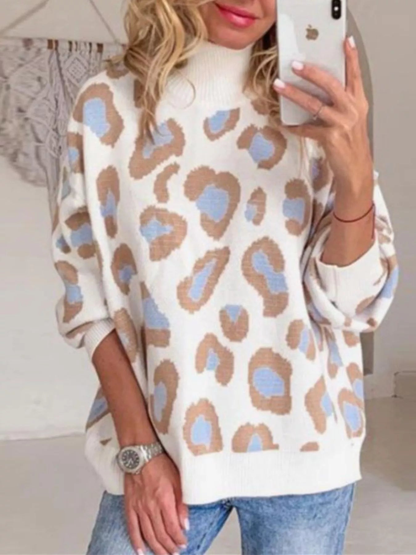Leopard High Neck Sweater - PBNJ FASHIONS