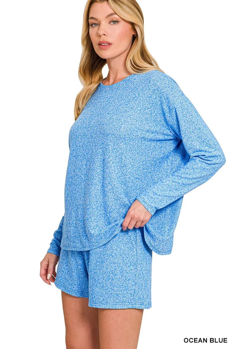 Zenana Soft Melange Long Sleeve Tee and Shorts Set - PBNJ FASHIONS