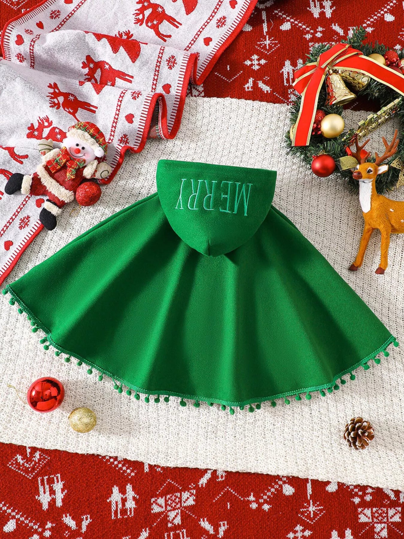 Children's Reindeer Embroidered Christmas Cape Outerwear - PBNJ FASHIONS