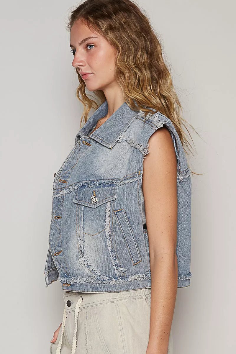 POL Assymetrical Front Closure Raw Hem Denim Vest - PBNJ FASHIONS