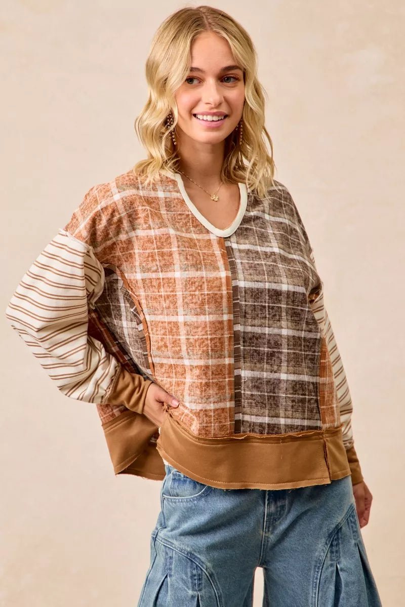 BiBi Plaid And Stripe Mix And Match Top With Open Seam - PBNJ FASHIONS
