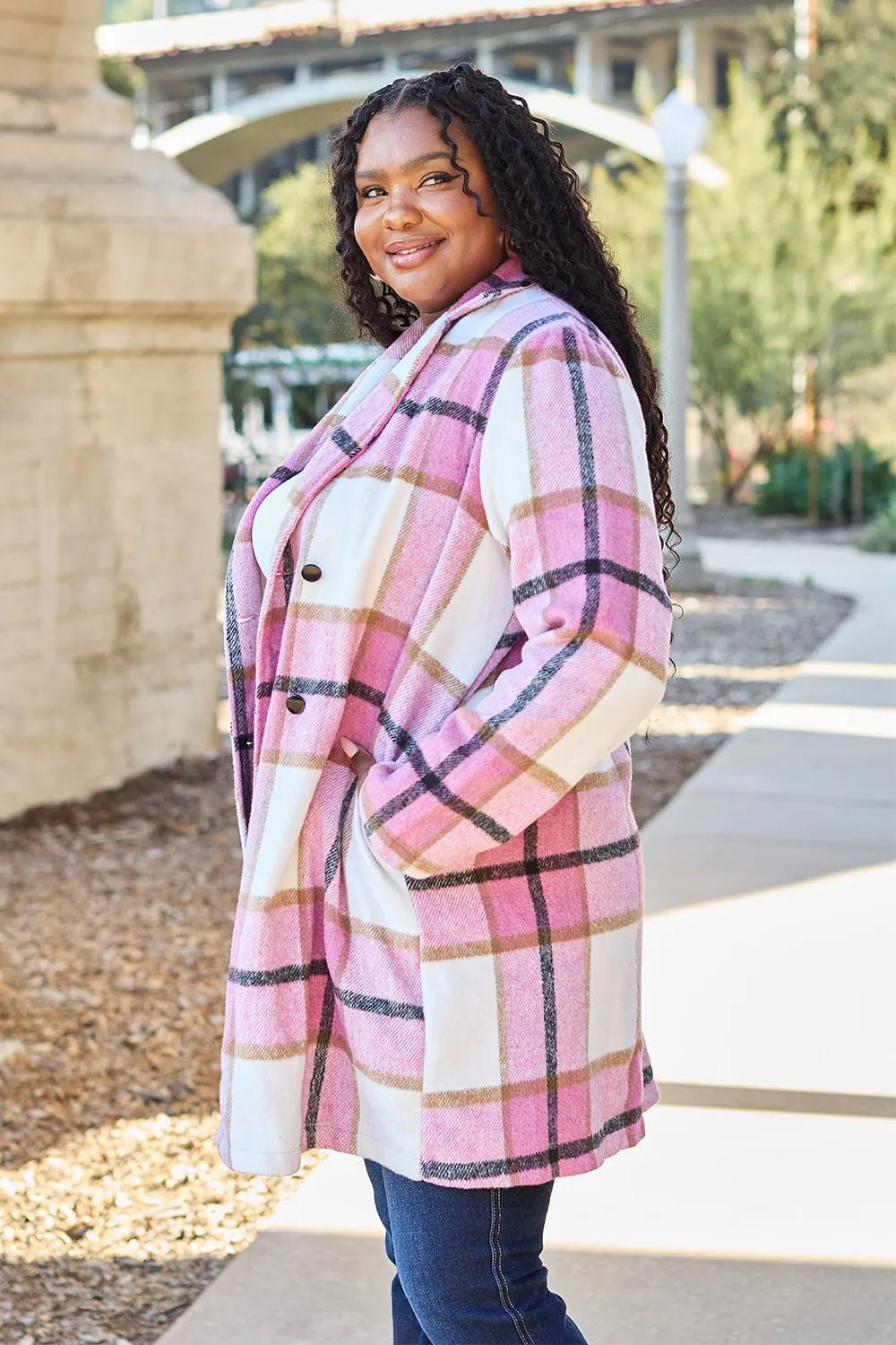 Double Take Full Size Plaid Button Up Lapel Collar Coat - PBNJ FASHIONS